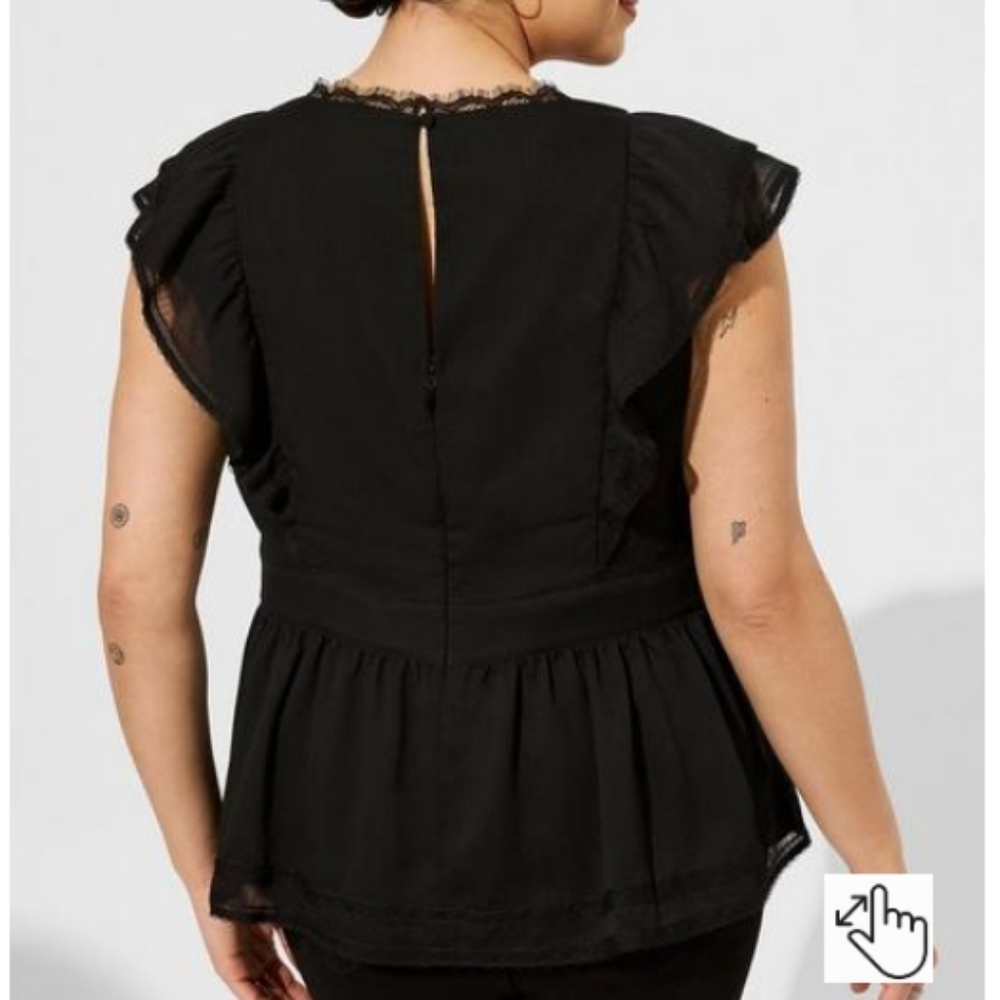 TORRID Crinkle Chiffon Peplum Lace Ruffle Sleeve Top - Picture 2 of 12